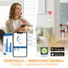 A collage showing a woman using a smartphone to control a smart home device, app screenshots, and a smart plug on a wall. Produktbild-Vorschau