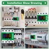 A collage of four images showing the installation of a multi-function power meter in electrical distribution boxes. Produktbild-Vorschau