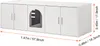 A white wooden cabinet with two doors on the left, a cat entrance in the middle, and two doors on the right. Dimensions are shown with orange lines and text. Produktbild-Vorschau