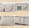 A collage of four close-up images showcasing the features of a beige sofa bed. Produktbild-Vorschau