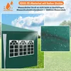 A close-up view of a green pavilion with windows, with a close-up of water droplets on fabric to the right, and text overlays describing its waterproof features. Produktbild-Vorschau