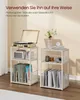 Two white shelving units are shown, one with a record player and records, the other with books and decorative items. Produktbild-Vorschau