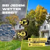 A split image showing a house in the rain on the left and a house on a sunny day on the right, with marketing text and icons. Produktbild-Vorschau