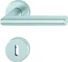 A silver door handle and escutcheon plate on a white background. Produktbild-Vorschau