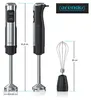 A collage showing dimensions and components of a hand blender. It includes a front view, side view, and a whisk attachment. Text indicates measurements and a brand logo. Produktbild-Vorschau