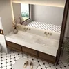 A modern bathroom with a double sink vanity, mirror, and tiled floor. Anteprima dell’immagine prodotto