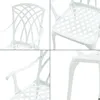 A collage of four close-up images of a white aluminum cast bistro chair, showing different angles and details of its construction and design. Produktbild-Vorschau