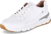 A white leather sneaker with brown and gray accents is shown against a white background. Produktbild-Vorschau