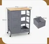 A kitchen cart with dimensions and a separate storage bin shown with dimensions. Podgląd zdjęcia produktu
