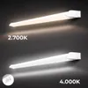 Two identical LED under-cabinet lights are shown mounted on a dark wall. The top light emits a warm, yellowish glow labeled '2.700K', while the bottom light emits a cool, white glow labeled '4.000K'. A small circular inset in the bottom left shows a toggle Náhľad obrázku produktu