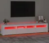 A modern white TV stand with built-in red LED lighting is shown in a dimly lit room. Produktbild-Vorschau