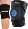 A black neoprene knee brace with blue accents and a circular opening for the kneecap, shown next to a leg wearing a similar brace. Produktbild-Vorschau