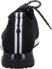 A close-up rear view of a black sneaker with white stripes and laces. Produktbild-Vorschau