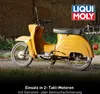 A vintage yellow scooter parked outdoors with a brick wall and greenery in the background. The LIQUI MOLY logo is in the top right corner, and text about 2-stroke engine oil is at the bottom. Produktbild-Vorschau