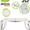 A promotional image for a foldable camping table, showing close-ups of its texture and folded state. Produktbild-Vorschau
