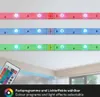 Three LED light strips in red, blue, and green are shown, along with a remote control and text describing selectable color programs and light effects. Produktbild-Vorschau