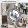 A collage of images showing a black U-shaped stair railing installed in various settings, including indoors, outdoors, and near a doorway. One image features an elderly man using a cane on stairs with the railing. Náhľad obrázku produktu
