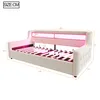 A beige upholstered daybed with LED lighting in the headboard, shown with dimensions indicated. Produktbild-Vorschau