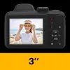 The back of a black digital camera is shown, displaying a photo of a smiling woman wearing a straw hat on its screen. Below the camera is a yellow bar with the text "3"". Náhled obrázku produktu