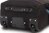 A close-up view of the bottom of a black rolling suitcase, showing the wheels and a handle. Podgląd zdjęcia produktu