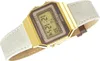 A close-up shot of a gold digital watch with a white fabric strap. Voir les images du produit