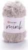 A ball of beige and gray fluffy yarn with a white label. Produktbild-Vorschau