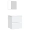 A white bathroom vanity with a sink and a mirror above it, set against a white background. Produktbild-Vorschau