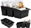 A black plastic kitchen organizer with three compartments, shown from different angles and filled with packets of spices. Náhľad obrázku produktu