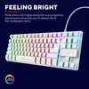 A white gaming keyboard with multicolor LED lighting is shown against a dark blue background. Text overlays describe the product's features. Produktbild-Vorschau