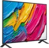 A television set with a colorful abstract image displayed on its screen, shown from a side angle with its stand. Produktbild-Vorschau