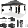 A collage of images showing a black pop-up canopy tent from different angles, including one image with people hanging from it, and another showing the tent folded and accessories. Voir les images du produit