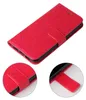 A red flip case for a smartphone, shown from a slightly elevated angle. Two close-up insets show details of the closure strap. Produktbild-Vorschau