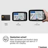 Comparison of different sizes of TomTom navigation devices, with a bank card for scale, and a hand interacting with the largest device. Text highlights HD display quality. Produktbild-Vorschau