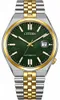 A close-up studio shot of a Citizen automatic watch with a green dial and a two-tone gold and silver band. Voir les images du produit