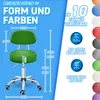 A product advertisement collage featuring a green rolling stool with various dimensions indicated, and a color palette showing available colors for the stool. Produktbild-Vorschau
