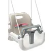 A baby swing seat with a safety harness, suspended by ropes. Produktbild-Vorschau