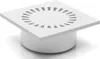 A white square shower drain with a circular grate is shown against a white background. Náhľad obrázku produktu