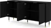 A black sideboard with four doors and gold-tipped legs, shown with the doors open to reveal shelves. Produktbild-Vorschau