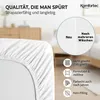A close-up of a white fitted sheet with text and icons highlighting product features. Produktbild-Vorschau