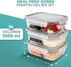 A stack of three glass meal prep containers filled with food, with dimensions and volume information overlaid. Náhled obrázku produktu