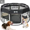 A black and white octagonal pet playpen with two dogs in front of it. Produktbild-Vorschau
