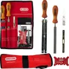 A collection of Oregon brand chainsaw sharpening tools laid out on a white background, including files, handles, a sharpening guide, and a storage pouch. Produktbild-Vorschau