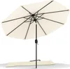 A beige patio umbrella with a black pole and frame, shown open against a white background. A beige protective cover lies on the ground beneath the umbrella. Produktbild-Vorschau
