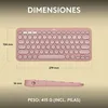 Product dimensions and weight information for a pink Logitech keyboard. Produktbild-Vorschau