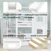 A white bunk bed with stairs, windows, and roof details, featuring callouts for storage and construction. Produktbild-Vorschau