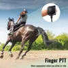 A person riding a horse, with a close-up inset of a finger-operated push-to-talk button. Produktbild-Vorschau