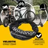 A collage of images showing a motorcycle, a bicycle, and an electric scooter, with a chain lock in the foreground. Text overlays highlight the product's versatility. Produktbild-Vorschau