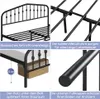 A collage of four images showcasing different aspects of a black metal bed frame. Produktbild-Vorschau