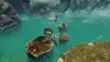 Several people are jumping between rocks in a body of water, with a large stone face in the background. Produktbild-Vorschau