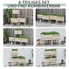 A collage of images showing wooden raised garden beds in various configurations, some with plants. Produktbild-Vorschau